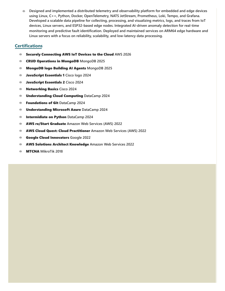 Resume content example showing a project summary and certifications