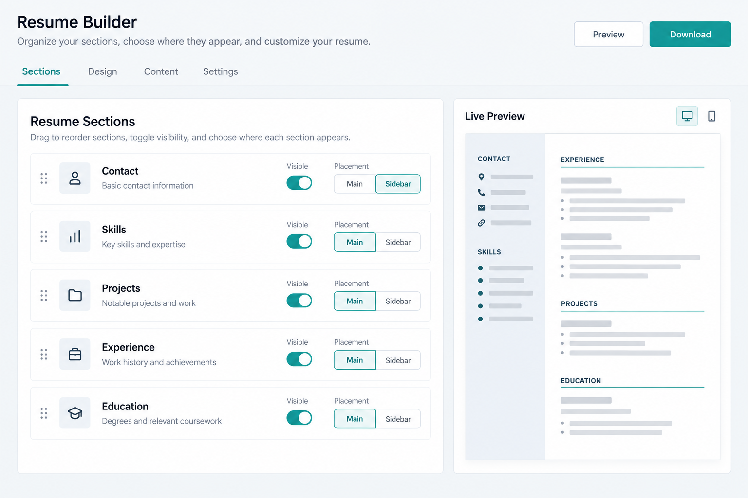 Example of arranging resume sections and previewing the result